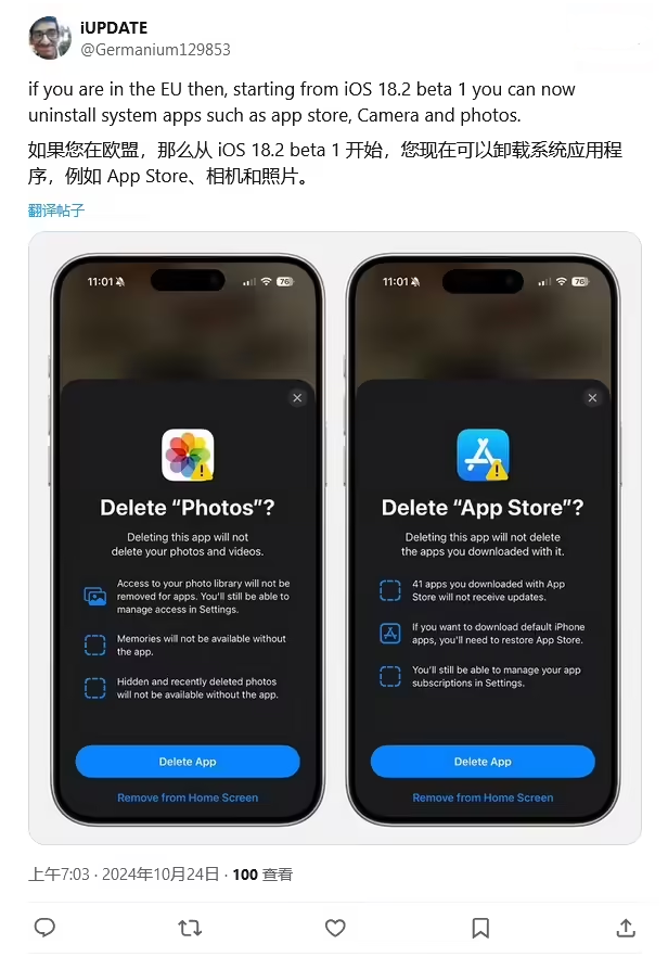 木垒苹果手机维修分享iOS 18.2 支持删除 App Store 应用商店 